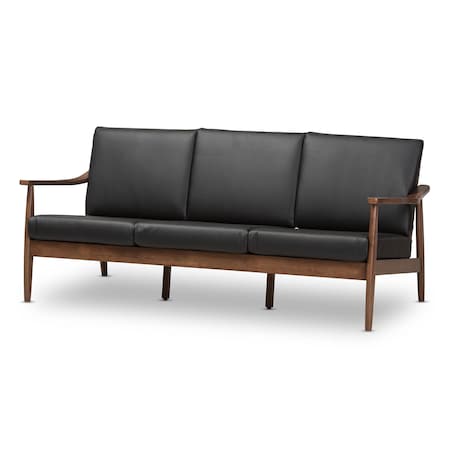 Baxton Studio Venza Walnut Wood Black Faux Leather 3-Seater Sofa 140-7554